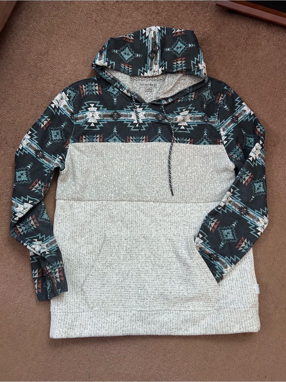 Depart West Men’s Hoodie Size XL Gray & Teal/Blue Aztec Print Color Blocked